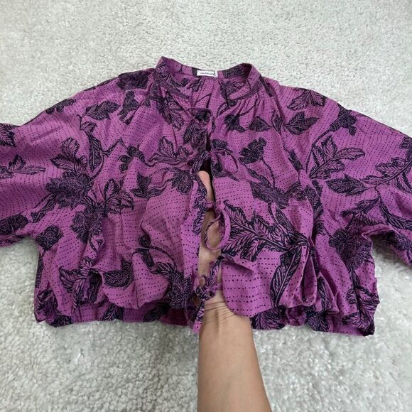 Unsubscribed Tie Front Puff Sleeve Blouse Top Purple - Picture 4 of 6